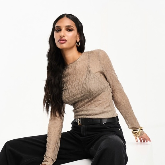 NWT Abercrombie & Fitch lace seamed long sleeve Sheer top brown Size XS Y2K 90s - Picture 1 of 10